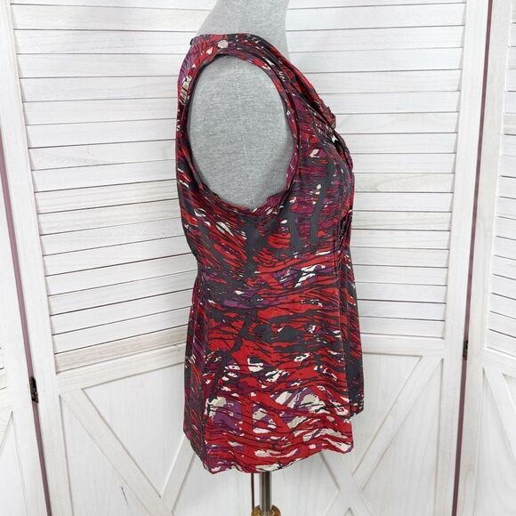 BCBGMaxAzria Abstract Print Knot Front Silk Blouse Sleeveless Black Red Medium - Picture 3 of 12